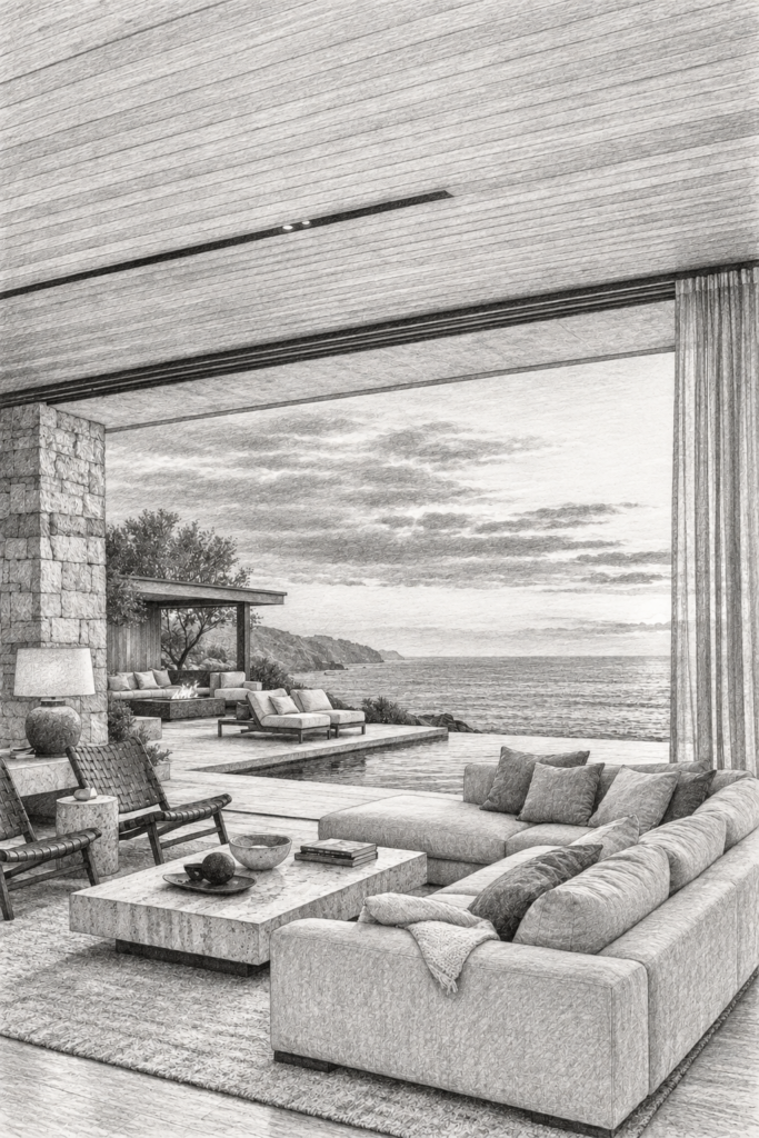 5 Luxury Real Estate Client Feedback Strategies That Scale 1 Living room with fireplace and water view.