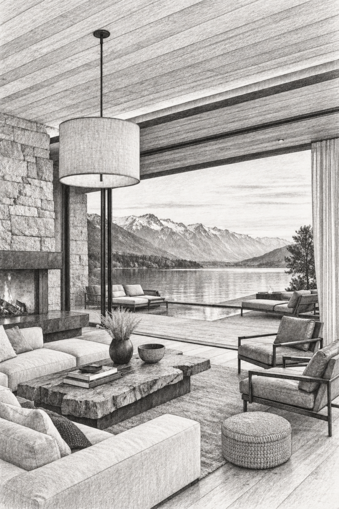 Living room with a fireplace, seating and ocean view.