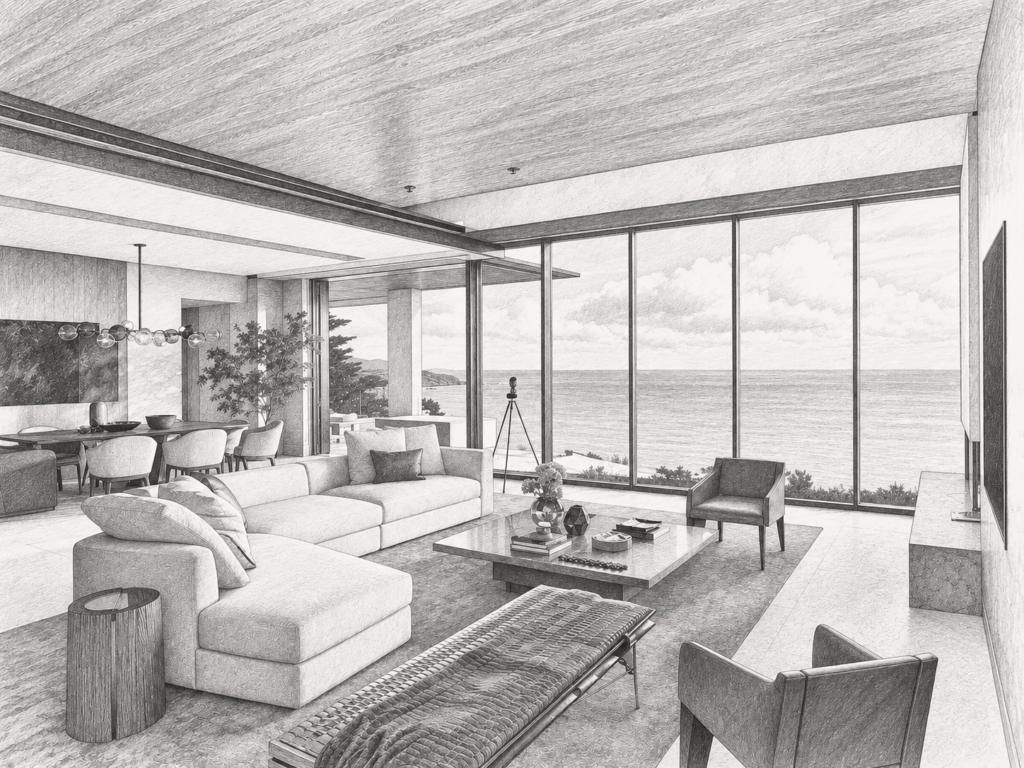 7 Systems For A Luxury Real Estate Digital Strategy In 2025 1 Open-plan living room with water view.