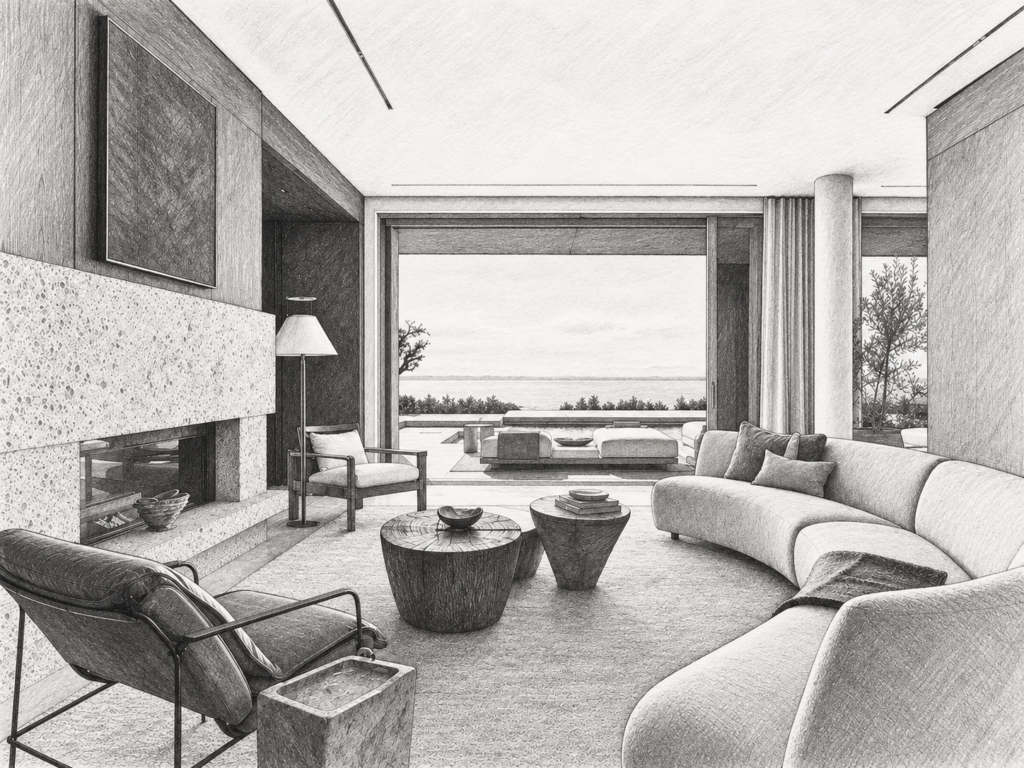 6 Rules For Luxury Real Estate Team Innovation 1 Open living room with a fireplace and ocean view.