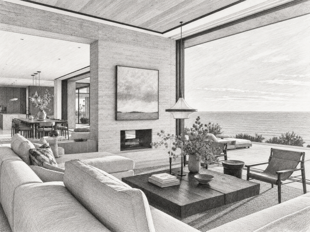 Luxury Real Estate Video Marketing: 6 Systems To Scale 1 Open-plan living room with seating and a view through large windows.
