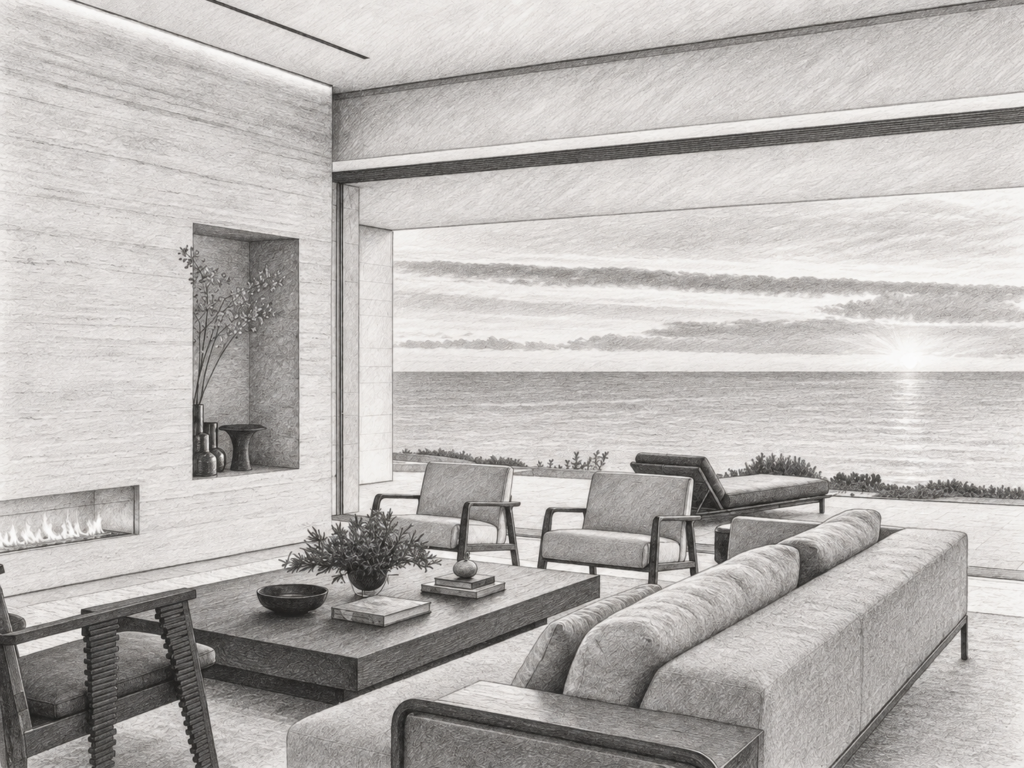 7 Systems For Luxury Real Estate Agent Recruitment 1 Open-plan living room with fireplace and water view.