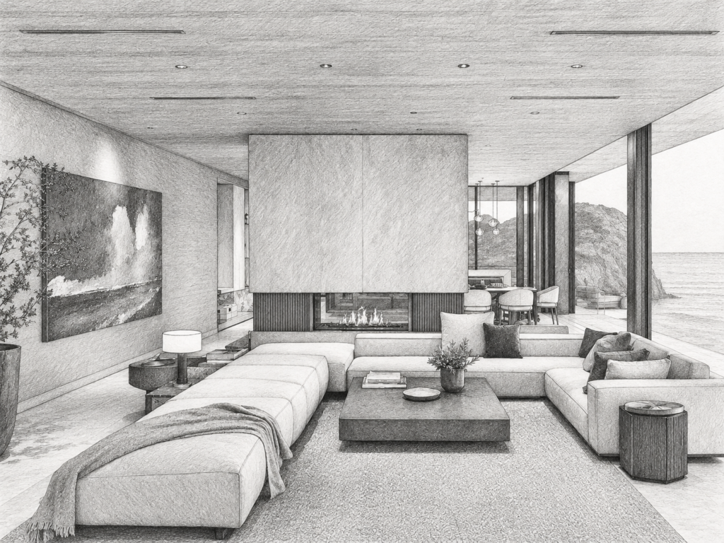 Open-plan living room with fireplace and water view.