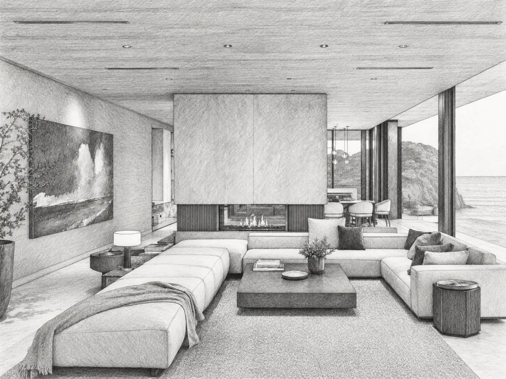 5 Luxury Real Estate Recruitment Strategies Using Client Networks 1 Open-plan living room with fireplace and water view.