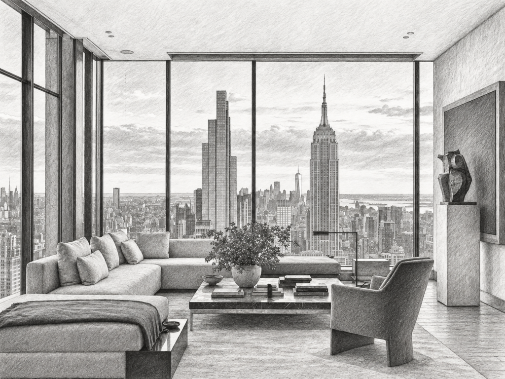7 Risk Shields For Luxury Real Estate Deal Protection 1 Living room with floor-to-ceiling windows overlooking a city skyline.