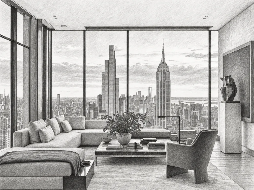 Living room with floor-to-ceiling windows overlooking a city skyline.