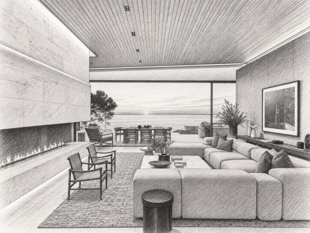 36-Month Brokerage Succession Planning Blueprint For Owners 1 Minimalist living room with a fireplace, seating and a broad ocean view.
