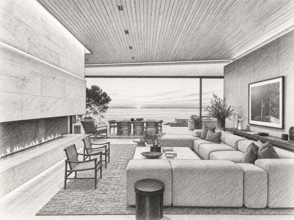 36-Month Brokerage Succession Planning Blueprint For Owners 1 Minimalist living room with a fireplace, seating and a broad ocean view.