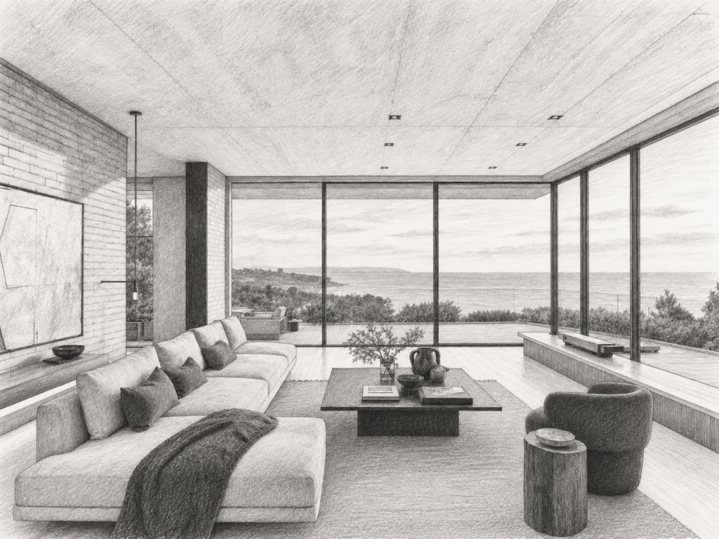 7 Systems To Scale Your Real Estate Business With Discipline 1 Living room with a sofa and broad sea view.