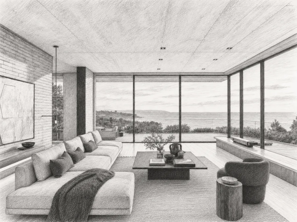 7 Systems To Scale Your Real Estate Business With Discipline 1 Living room with a sofa and broad sea view.