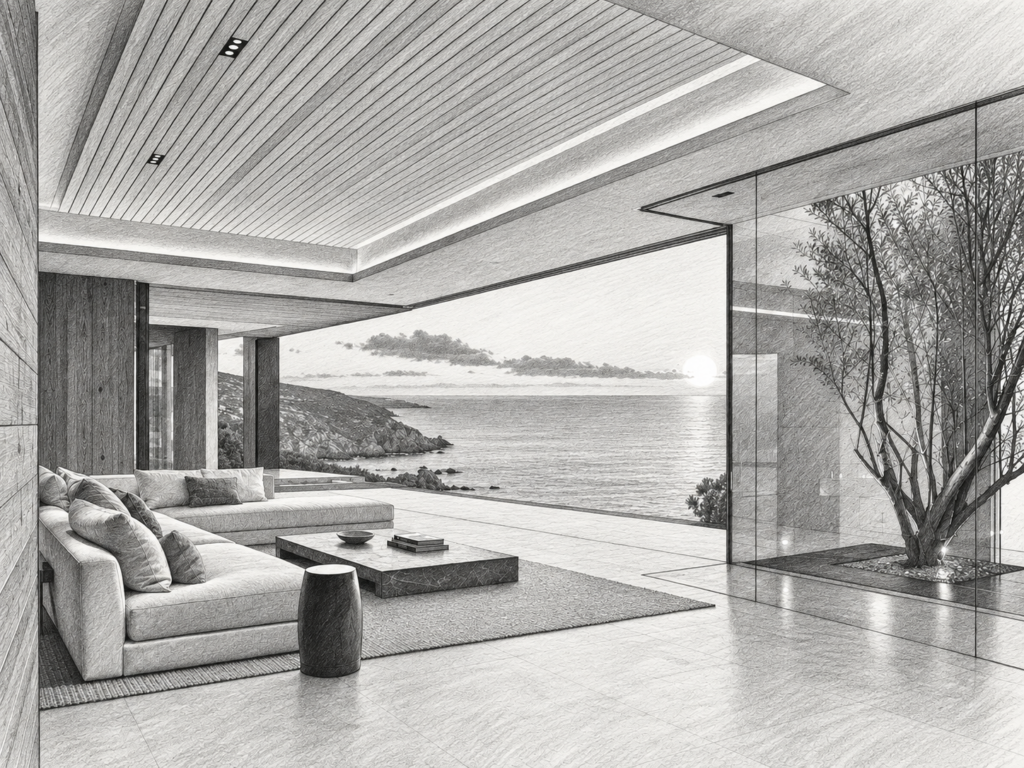 7 Systems That Strengthen Real Estate Team Leadership 1 Open-plan living room with circular coffee table and water view.