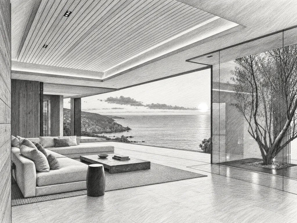 7 Systems That Strengthen Real Estate Team Leadership 1 Open-plan living room with circular coffee table and water view.