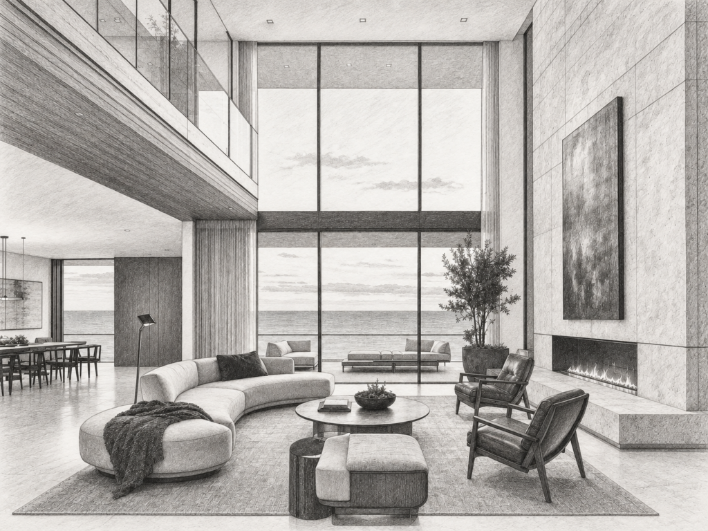 Double-height living room with an open stair and sea view.