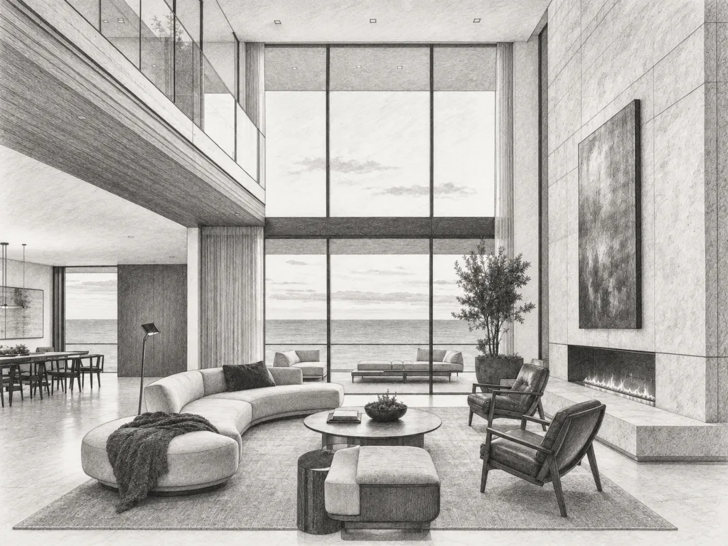 Double-height living room with an open stair and sea view.