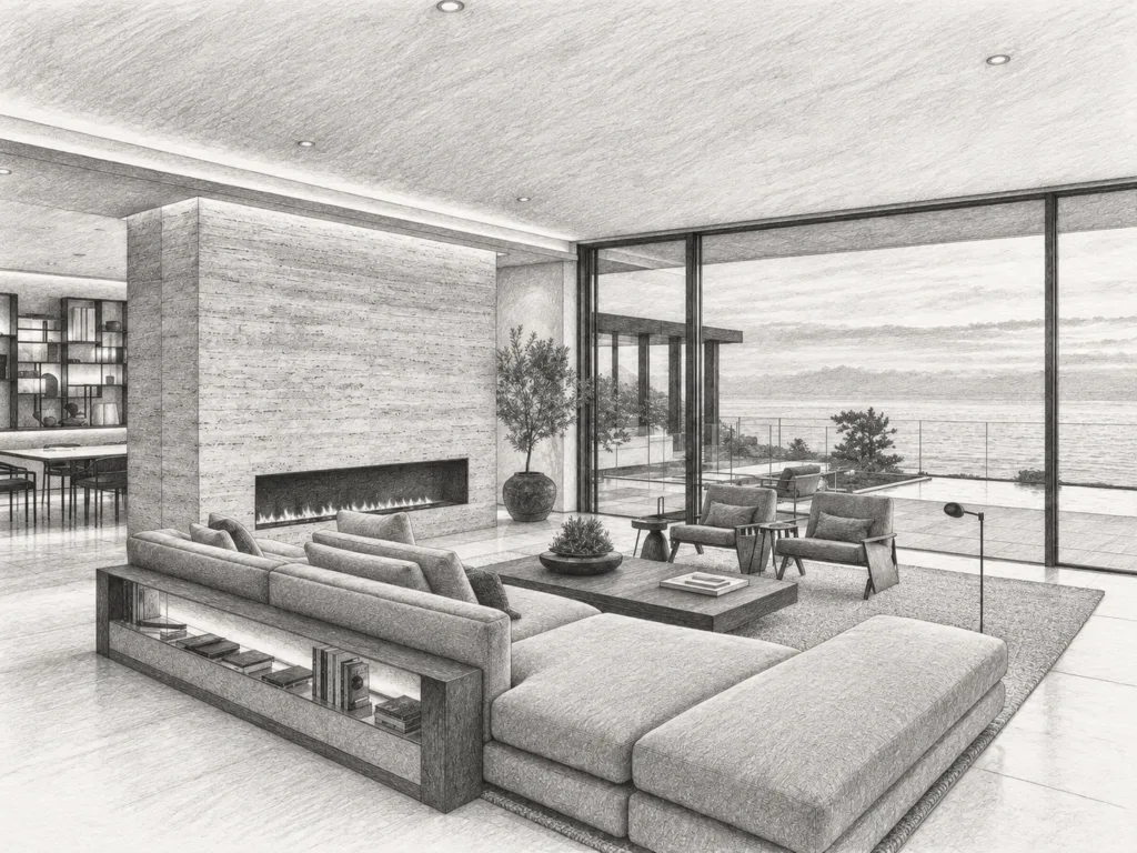 Open-plan living room with seating and a view through large windows.