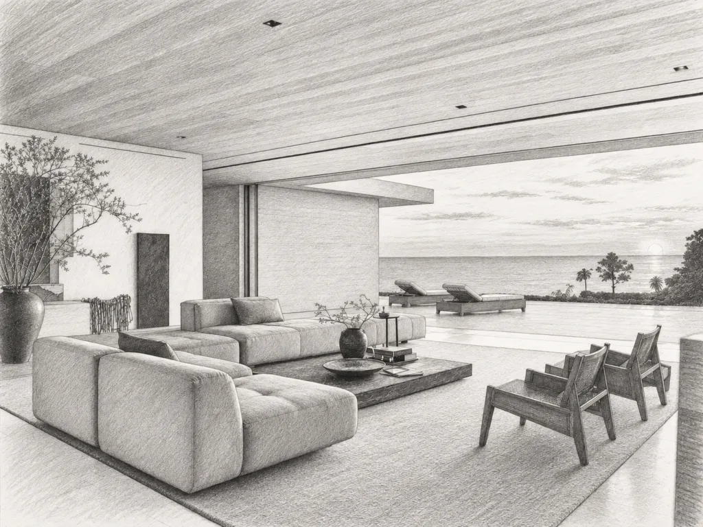 Open-plan living room with water view.