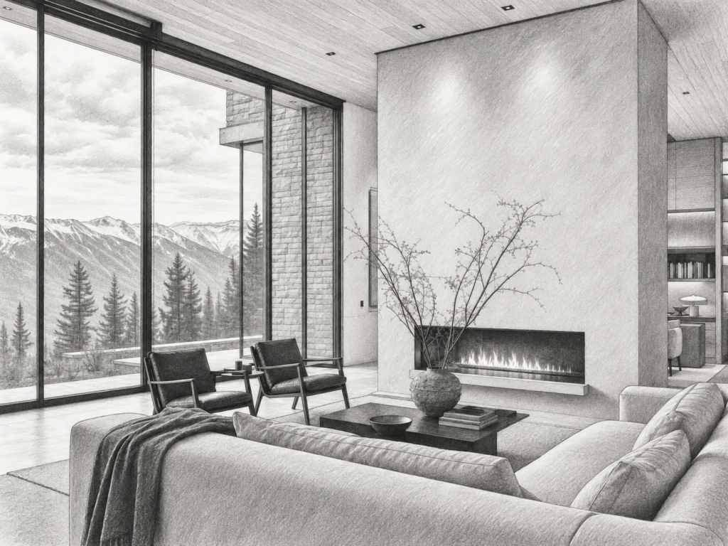 Real Estate Brokerage Succession Planning: 6 Moves Before Exit 1 Living room with a fireplace and mountain view through glazing.