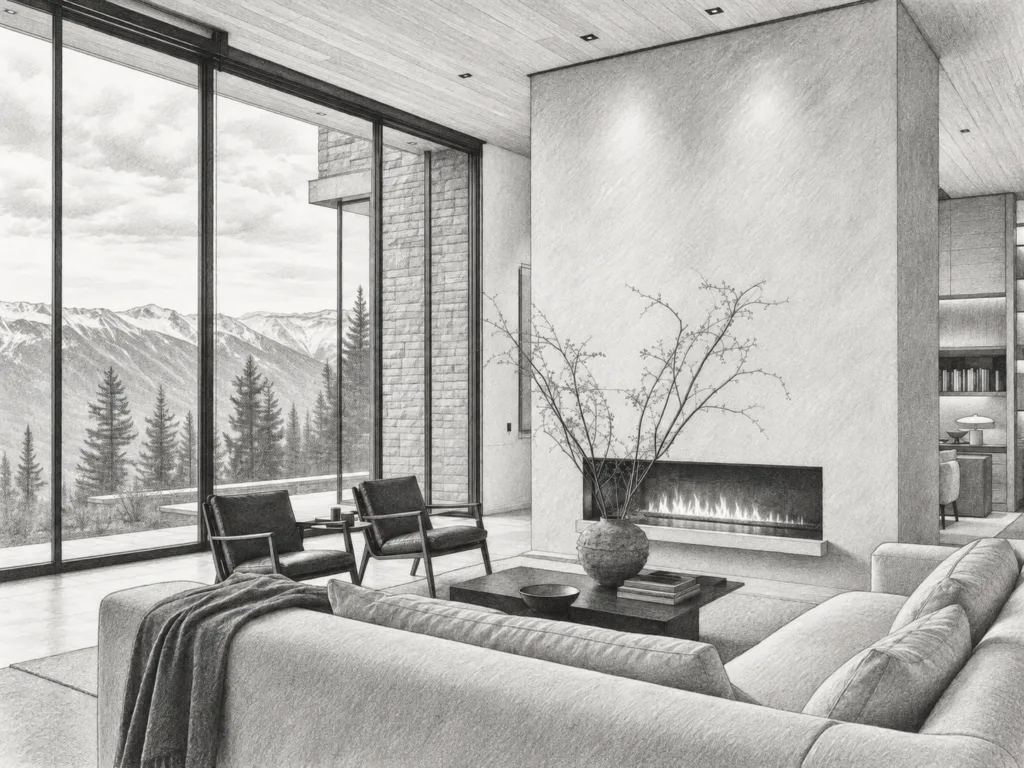 Real Estate Brokerage Succession Planning: 6 Moves Before Exit 1 Living room with a fireplace and mountain view through glazing.