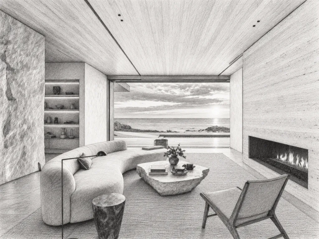 Open-plan living room with seating and a view through large windows.