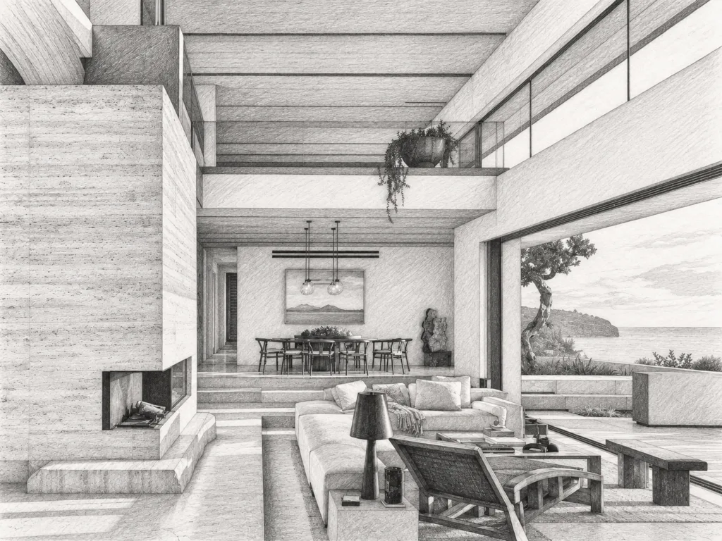 Open-plan living room with a dining area and large windows.