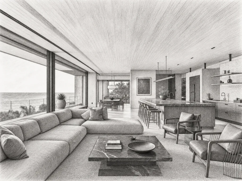 Open-plan living and dining area with water view.