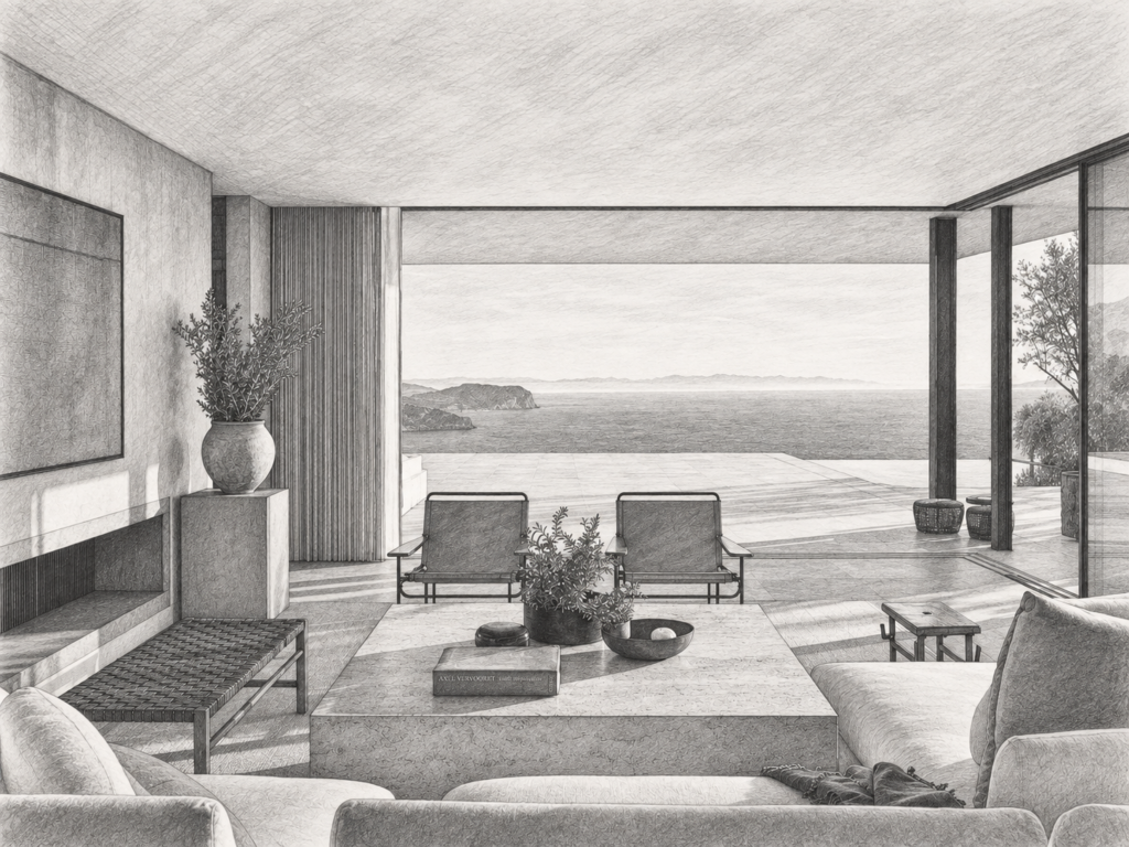 Living room with an ocean view, coffee table and lounge chairs.