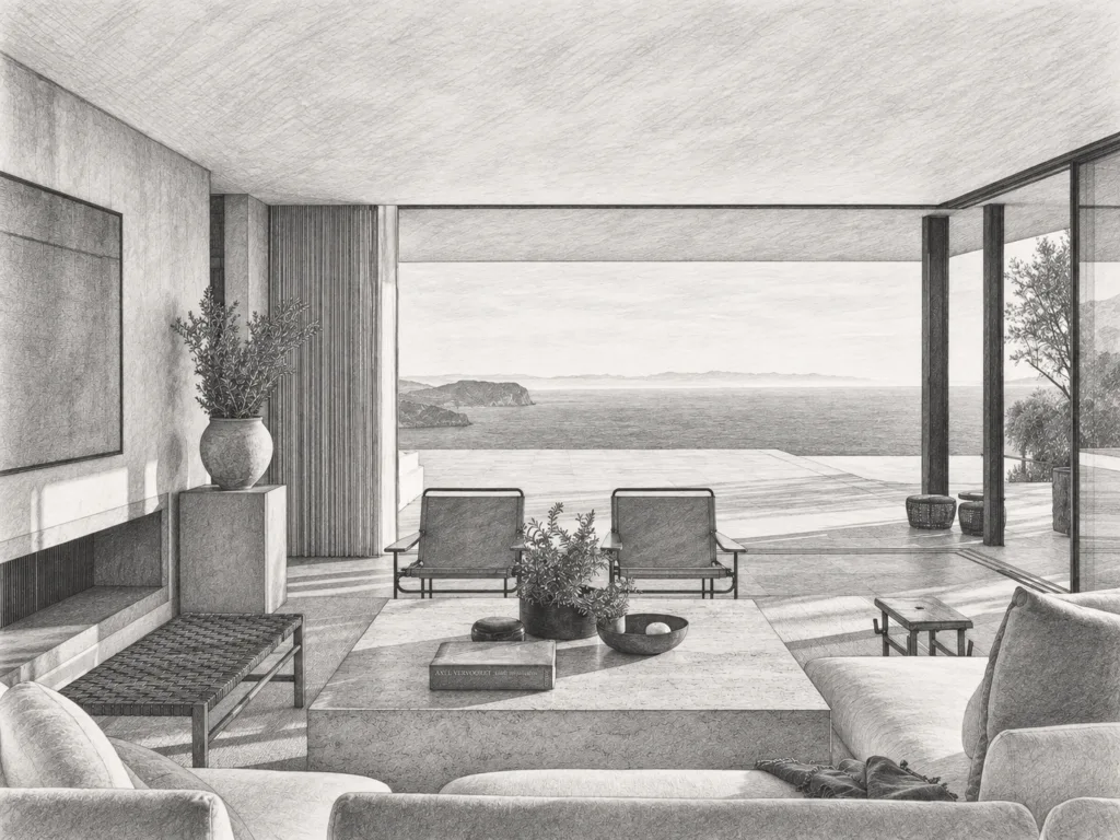 Living room with an ocean view, coffee table and lounge chairs.