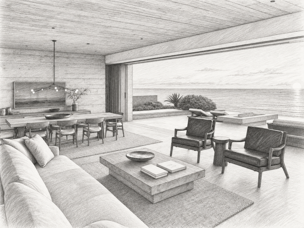 Living room with water view and dining area.