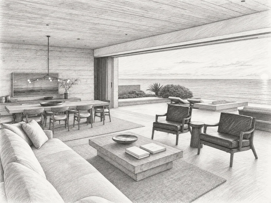 Living room with water view and dining area.