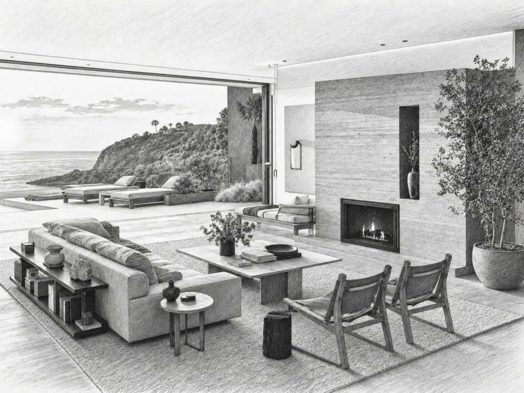 Living room with a fireplace, bookshelves and ocean view.