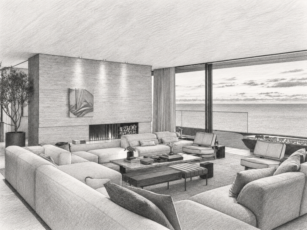7 Rules For A Real Estate Team Accountability System 1 Open-plan living room with seating and a view through large windows.
