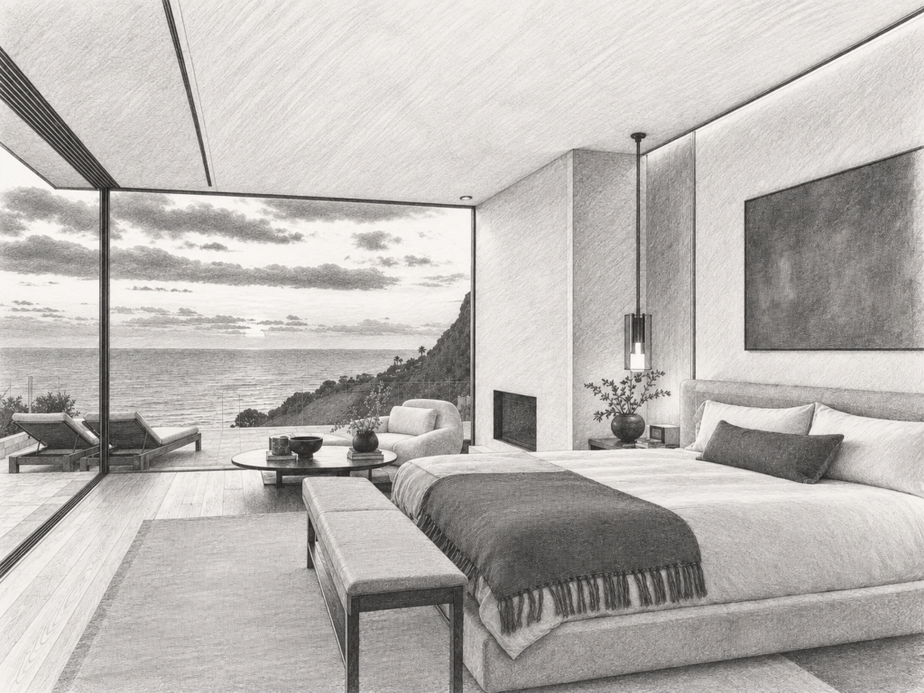 5 Pillars Of A Real Estate Team Operating System 1 Bedroom with a bed and ocean view through broad glazing.