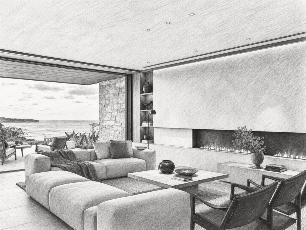 5 Systems For A Luxury Real Estate Evergreen Content Strategy 1 Living room with a fireplace, seating and ocean view.