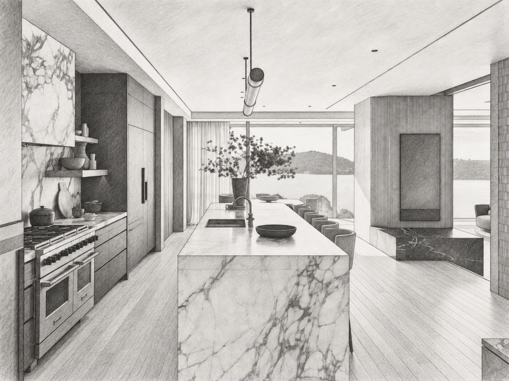 Kitchen with an island, pendant lights and large windows.
