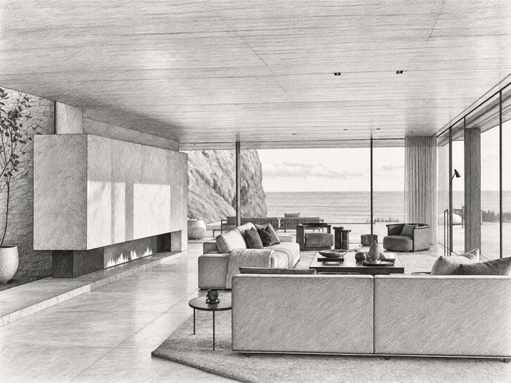 5 Steps To Precision Luxury Real Estate Team Recruiting 1 Living room with fireplace and water view.