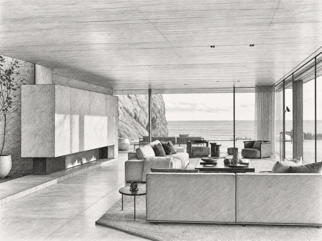 5 Steps To Precision Luxury Real Estate Team Recruiting 1 Living room with fireplace and water view.