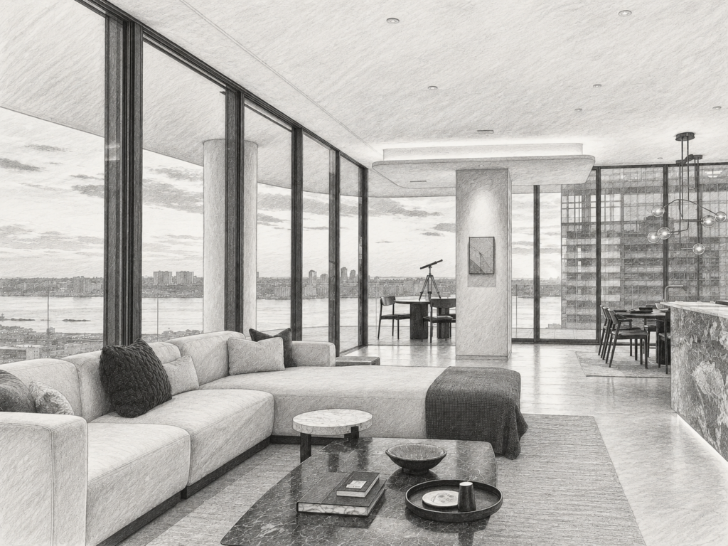 5 Strategies For Building Trust With Uhnw Clients 1 Open-plan living room with seating and a view through large windows.