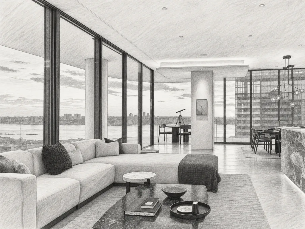 Open-plan living room with seating and a view through large windows.