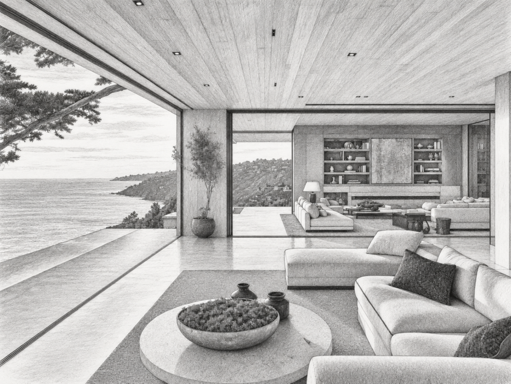 7 Luxury Real Estate Networking Strategies For Deal Flow 1 Open-plan living room with built-in shelving and water view.