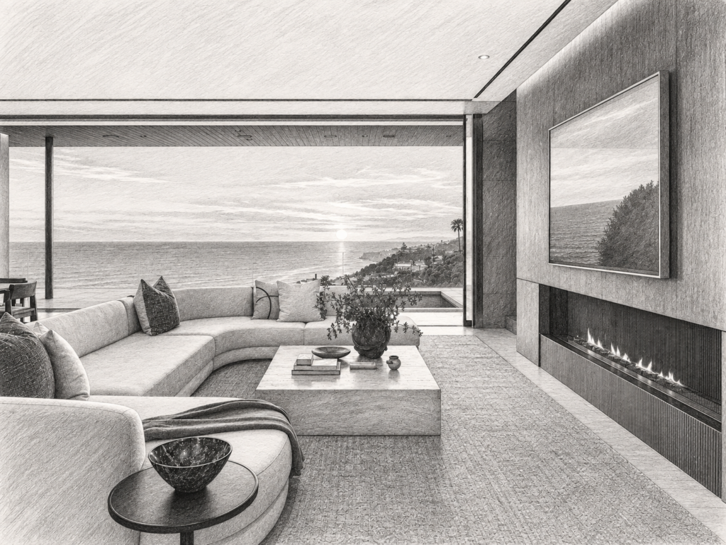 7 Moves For A Sustainable Luxury Real Estate Strategy 1 Open-plan living room with seating and a view through large windows.