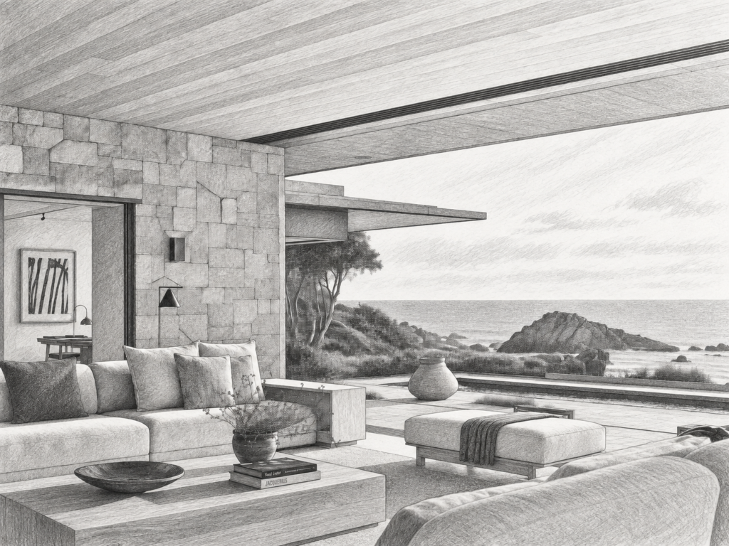 5 Luxury Real Estate Co-Marketing Strategies That Scale 1 Living room with stone fireplace and water view.