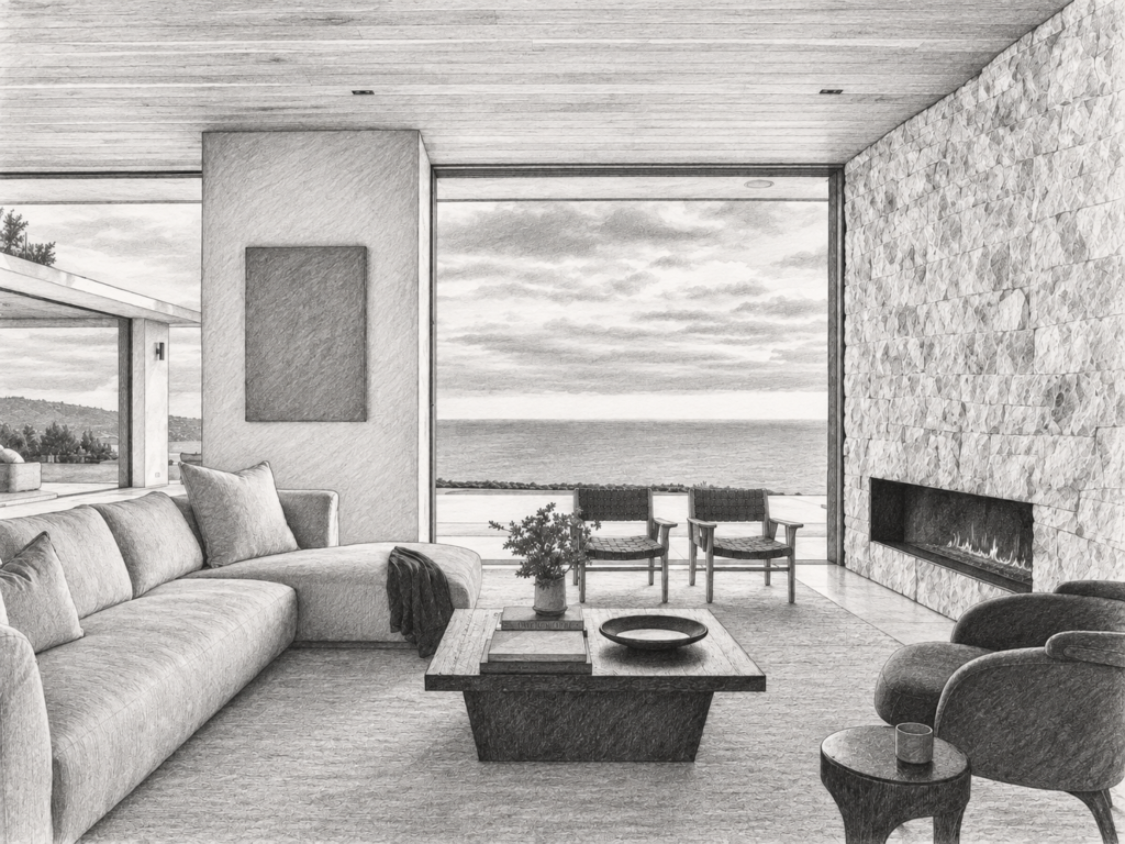 7 Disciplines For Luxury Real Estate Operational Efficiency 1 Living room with a fireplace and broad ocean view.