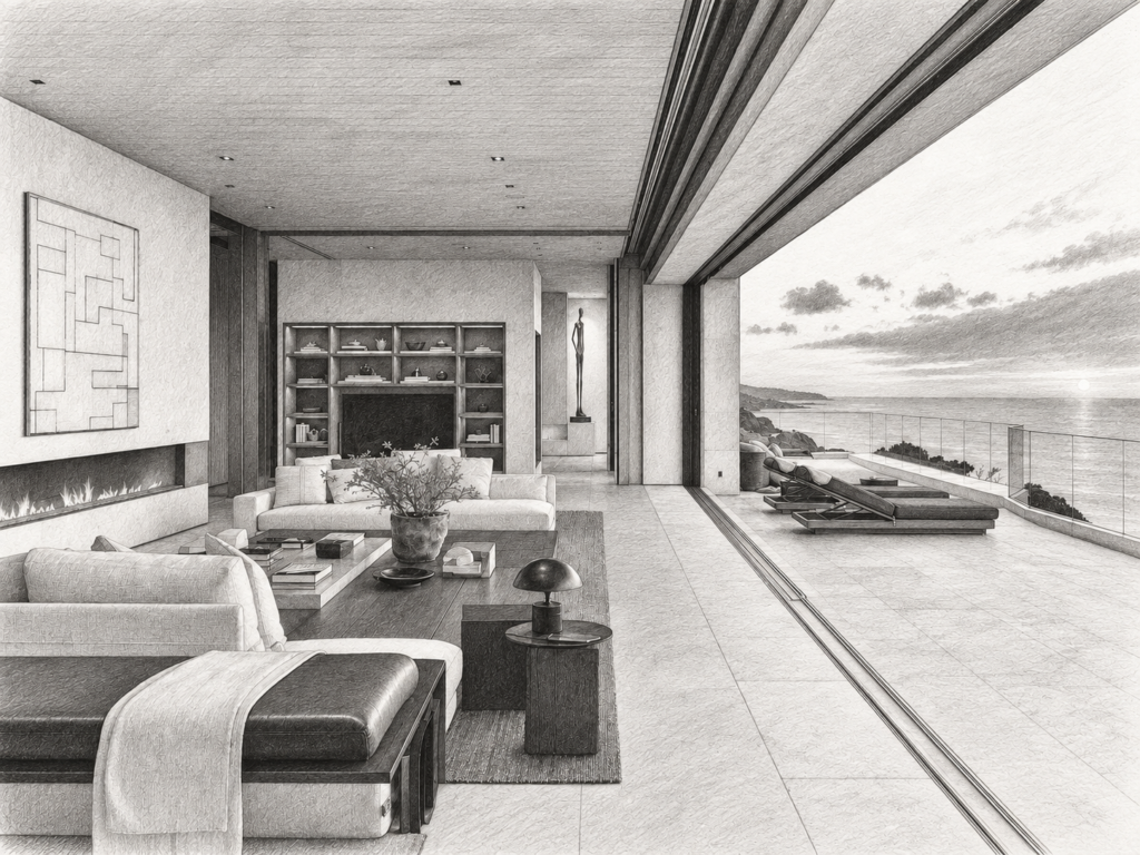 7 Time Tracking Tools For Luxury Real Estate Agents To Win 10 Hours 1 Open-plan living room with fireplace and water view.