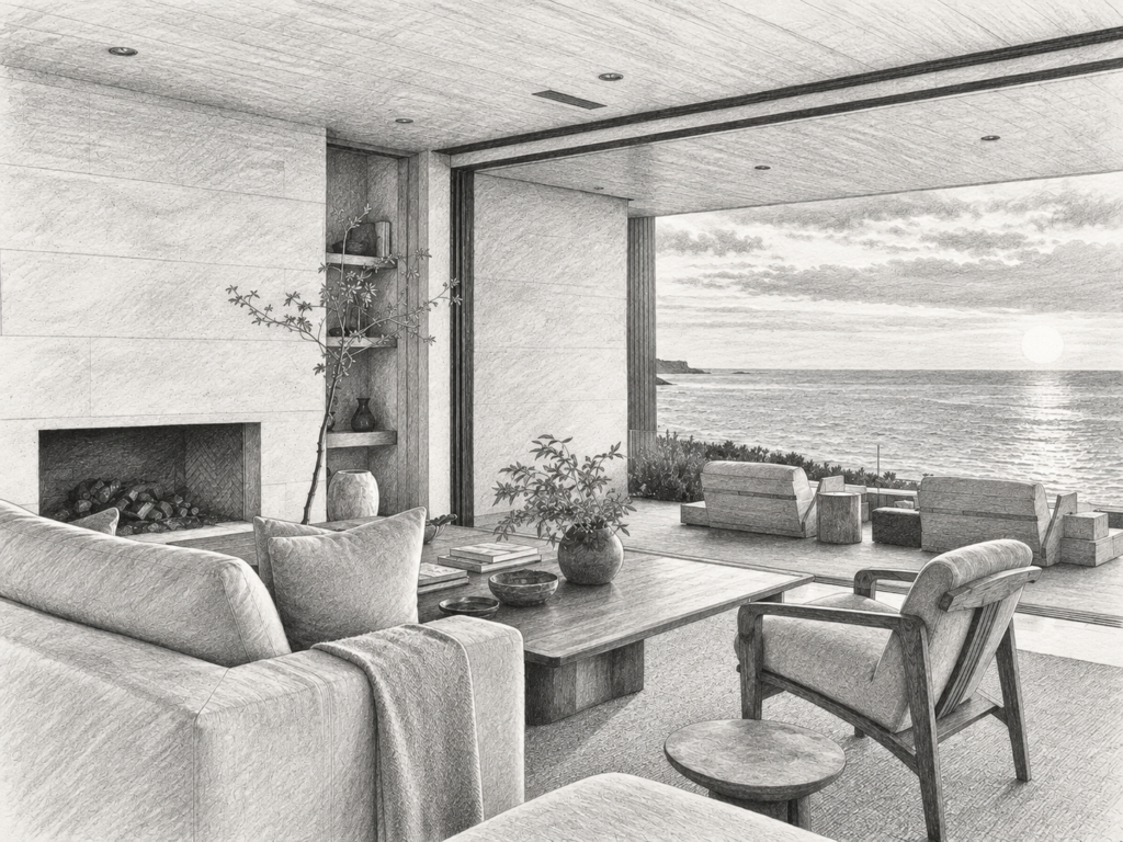 7 Outsourcing Strategies For Luxury Real Estate Teams 1 Living room with a fireplace and ocean view through broad glazing.