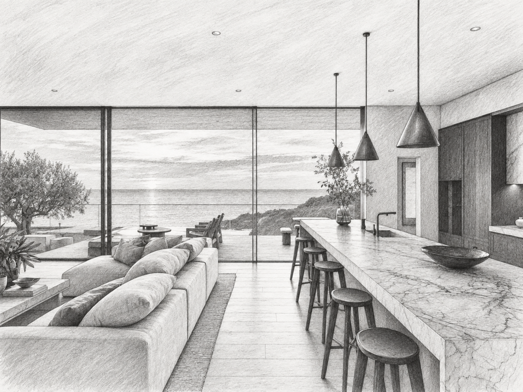 6 Stress Resilience Systems For Luxury Real Estate Leaders 1 Open-plan living room and kitchen with a view through large windows.
