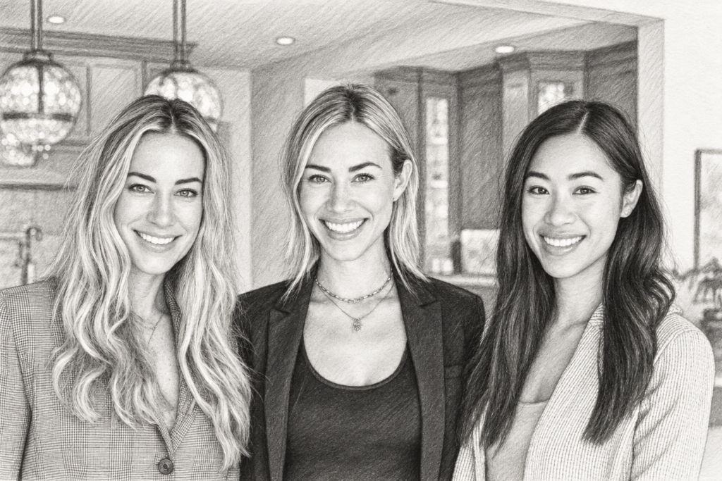 Three women standing together in a bright interior.