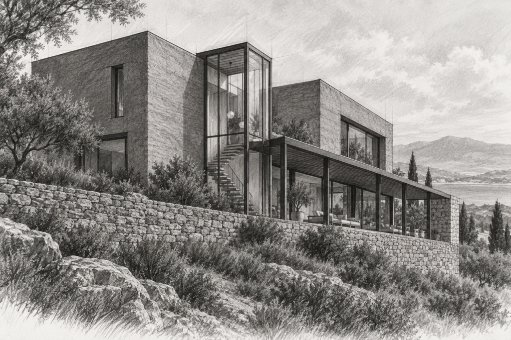 Residence with offset volumes, glazed stair tower, and shaded porch.