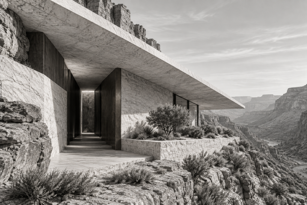 Limestone residence beneath a diagonal stone sun canopy on a canyon shelf.