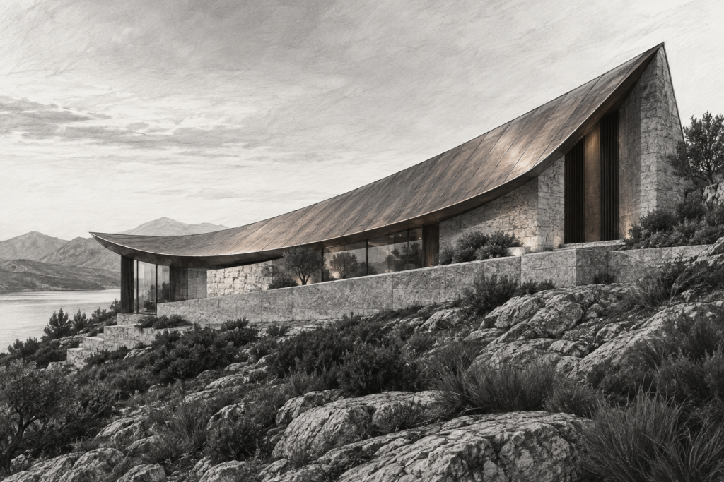 Limestone residence beneath an asymmetrical saddle roof and diagonal granite terrace.