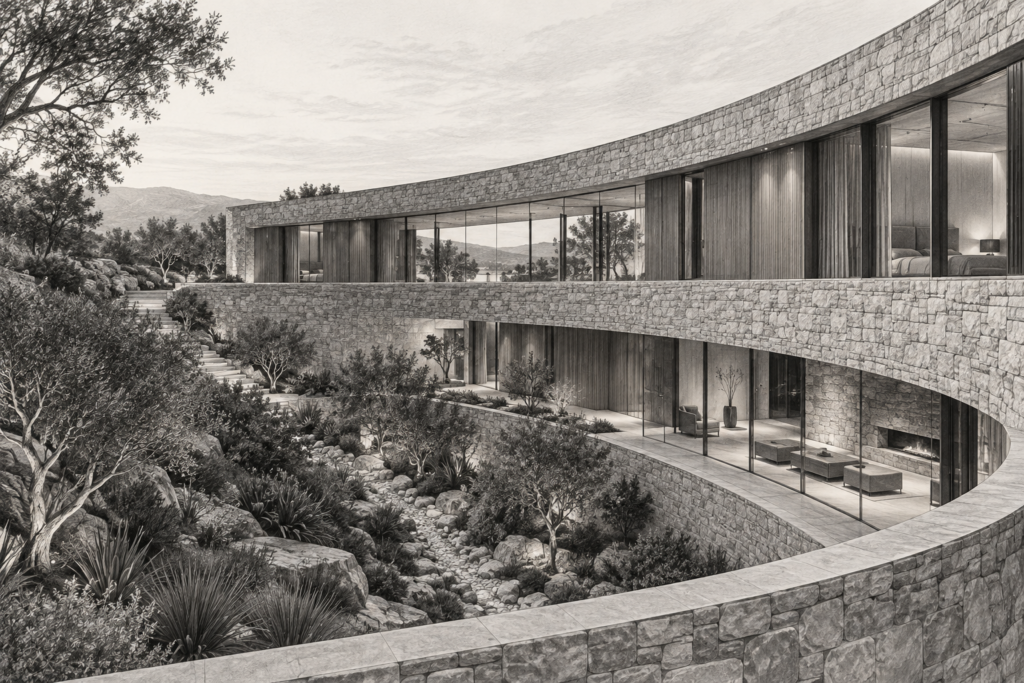 Why Elite Agents Rethink Transaction Sops For 2025 1 Residence with ravine ribbon house, curved stone ribbon, recessed glazed breezeway and dry ravine garden.